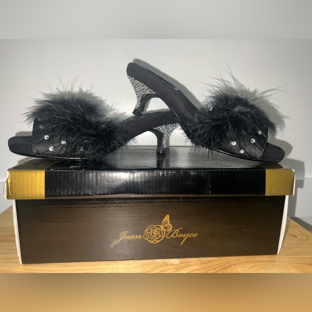 Joan Boyce satin slippers with jewel studs on kitten heel.